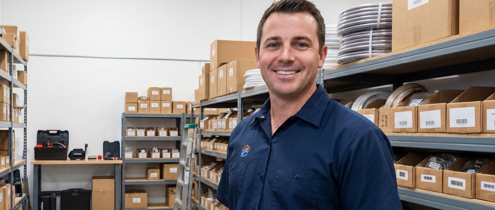 Man in a warehouse setting with shelves and boxes in the background