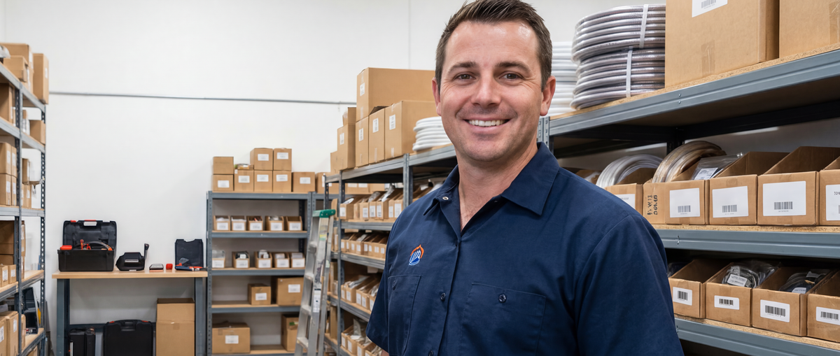 Man in a warehouse setting with shelves and boxes in the background
